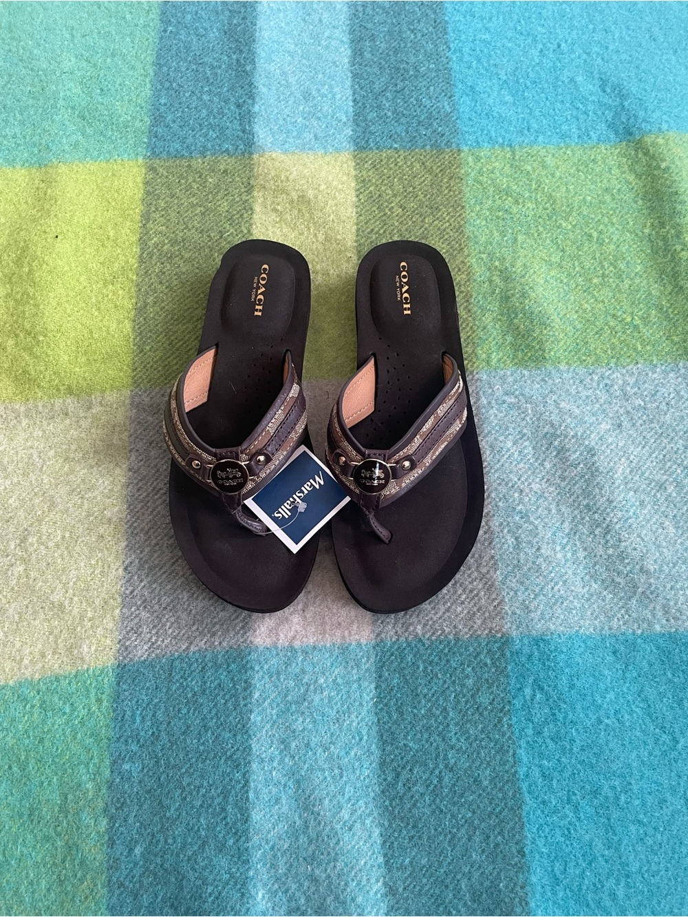 COACH Black Flip-Flop Sandals with Metallic Brown Straps